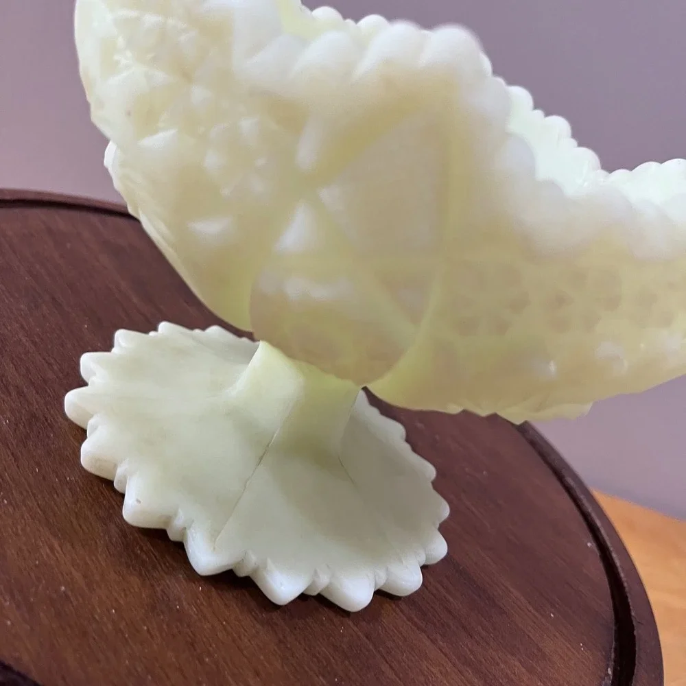 Vtg Fenton Custard Uranium Glass Daisy and Button Compote Pedestal Bowl Yellow